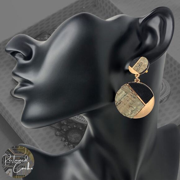 Gray, Black, and Gold Geometric Circle Earrings - Picture 1 of 4